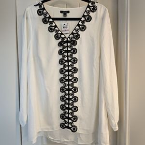 Alfani White Blouse with Black Crochet-Trim / Lace, 1X, New With Tags